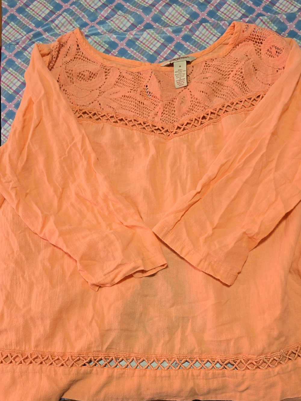 Arizona Jean Company Peach Crochet Yoke Tunic
